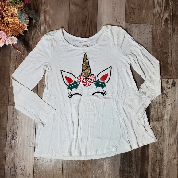 Justice Girls Christmas Holiday Unicorn Long Sleeve Tee Shirt Size 12 EUC - Picture 1 of 12